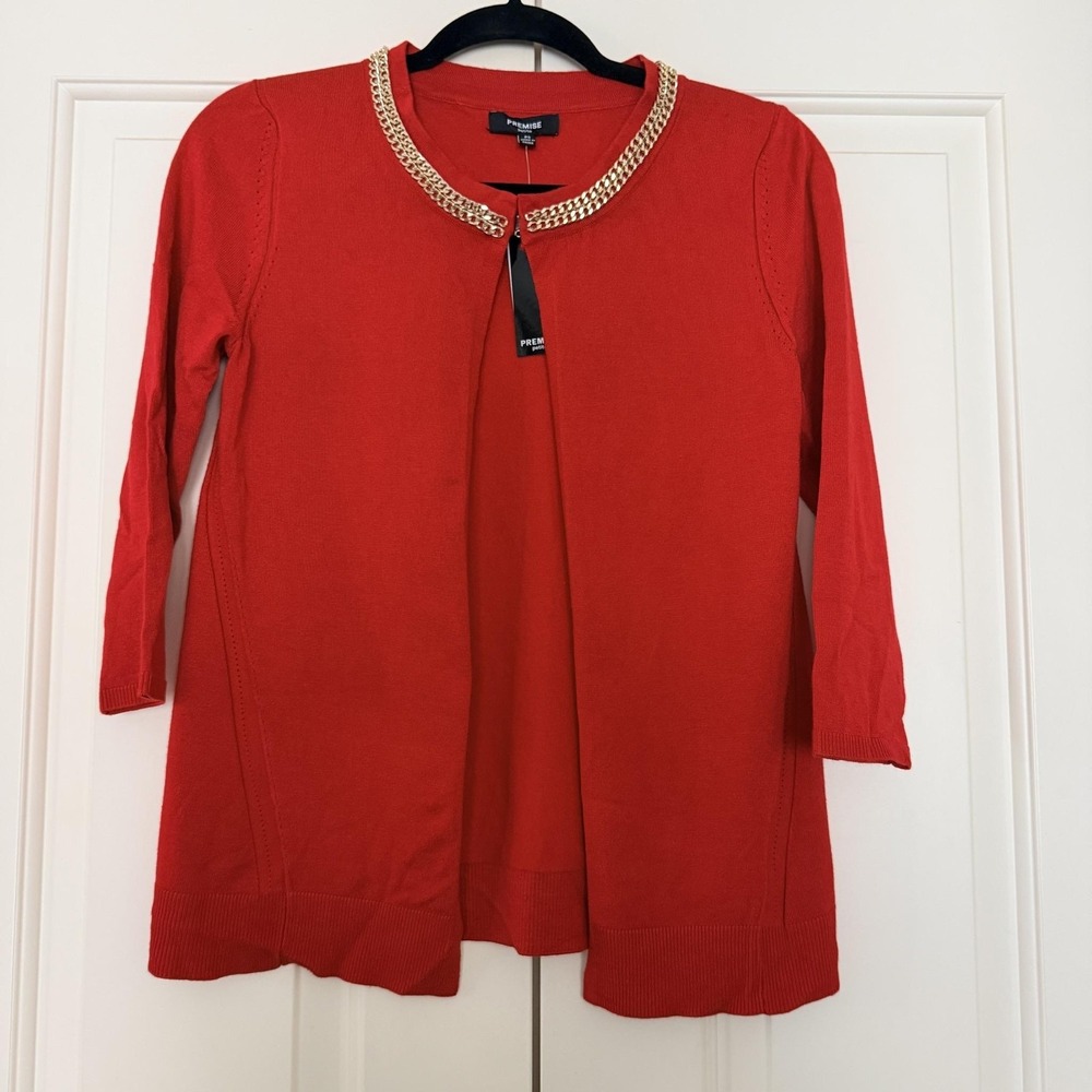 Premise Cardigan Sweater Womens PS Petite Red Chain Trim Open Front 3/4 Sleeve